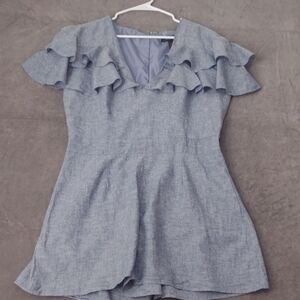 Size 14 Ashley Stewart Blue  Linen Cotton  Jumpsuit Romper Short Sleeve Ruffled